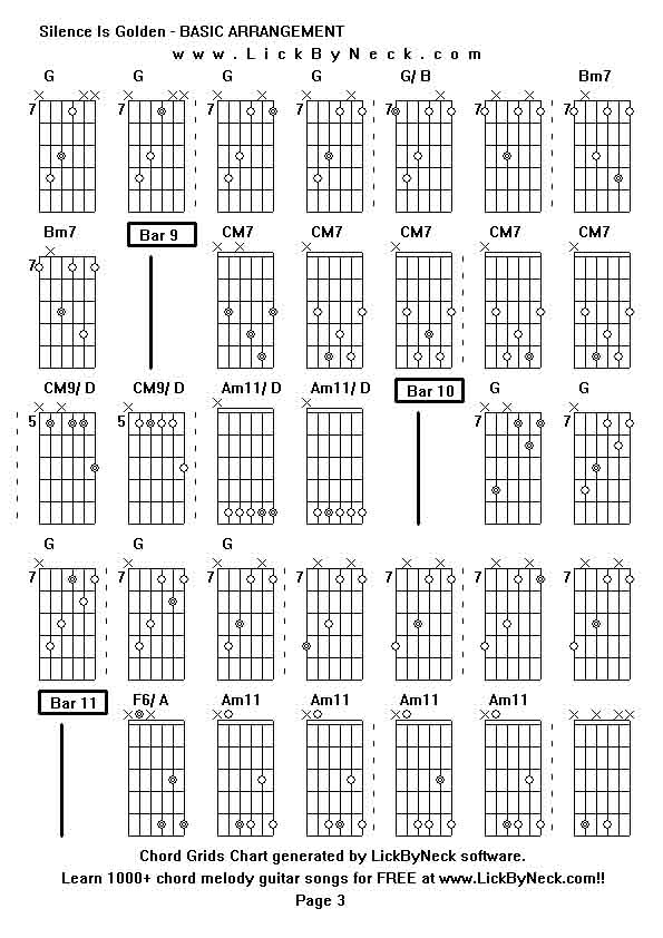 Chord Grids Chart of chord melody fingerstyle guitar song-Silence Is Golden - BASIC ARRANGEMENT,generated by LickByNeck software.